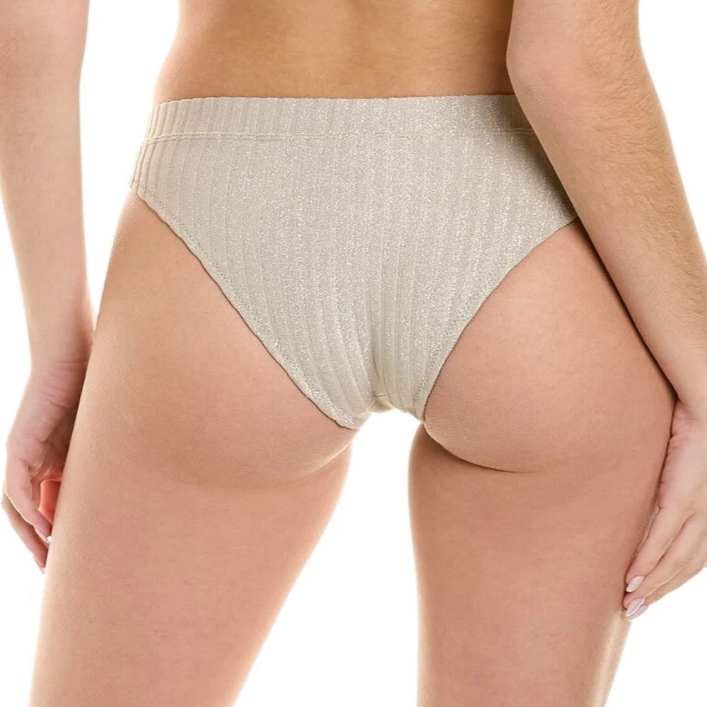 The Reagan Bikini Bottom In Solid Rib Silver With Metallic Rib Fabric